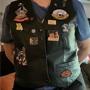 (SALE) Women’s Black Leather Vest with Patches and pins, motorcycle